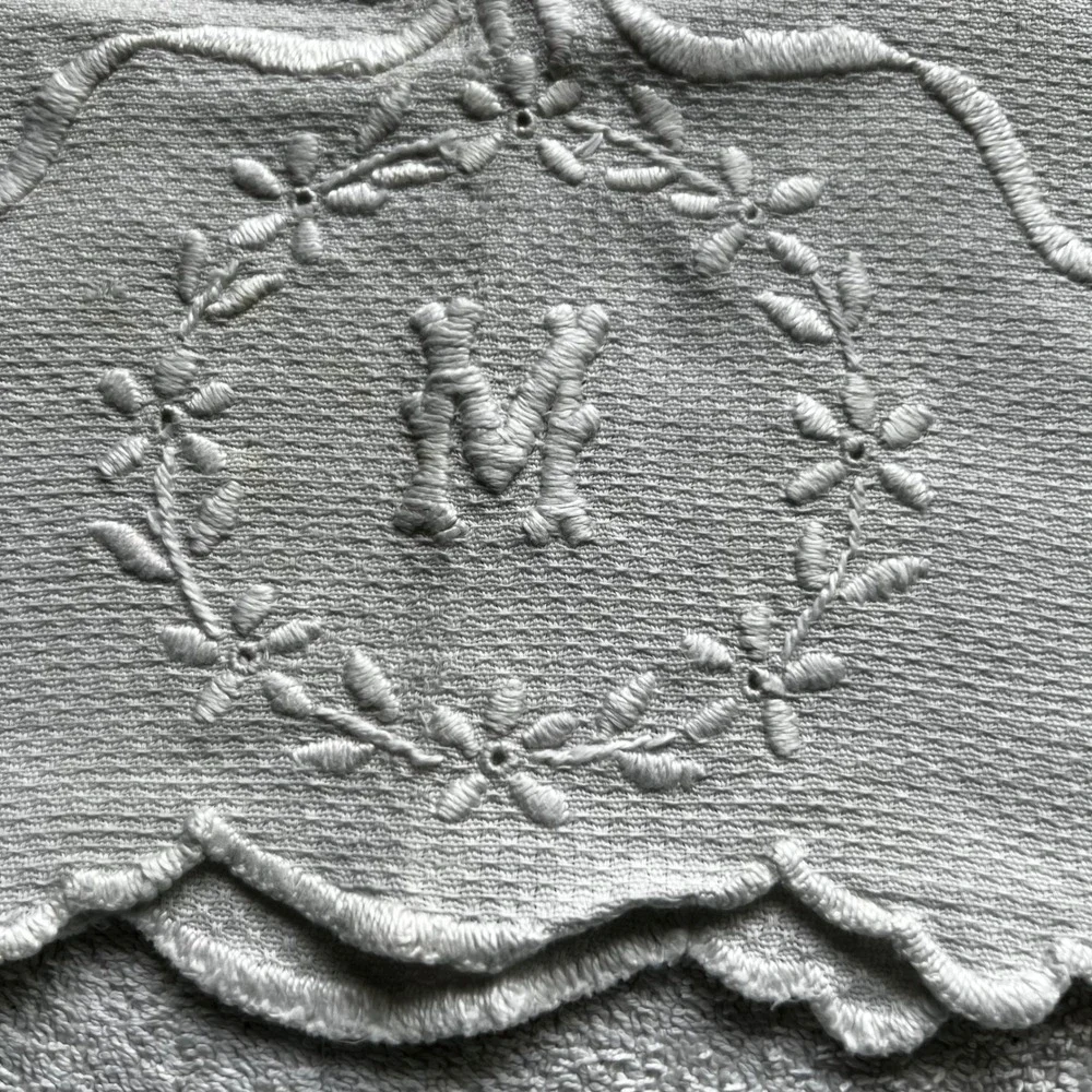 Vintage 3pc Table Linens White Hand Embroidered Lace Monogram M Floral Victorian